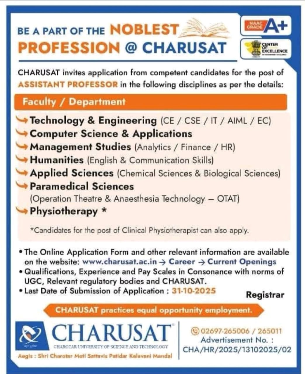 Charusat University Job Advertisement